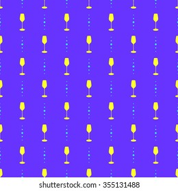 Seamless pattern with a picture of a glass of bubbles and small dots simple flat design. Wine glasses of yellow color on a bright blue indigo background.