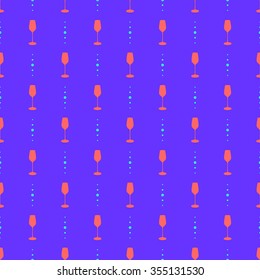 Seamless pattern with a picture of a glass of bubbles and small dots simple flat design. Wine glasses red coral colors on bright blue indigo background.