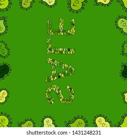 Seamless pattern. Picture in green, black and yellow colors. Vector. Sale background. Lettering.