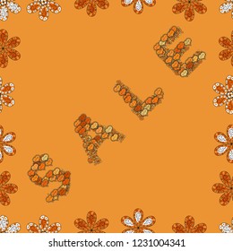 Seamless pattern. Picture in orange, black and white colors. Sale banner layout design. Lettering. Vector.