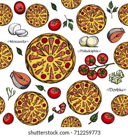 Seamless pattern with a picture of pizza and various food. Background for packaging design and leaflets.