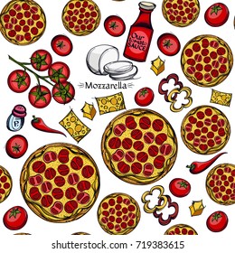Seamless pattern with a picture of pizza and various food. Background for packaging design and leaflets.