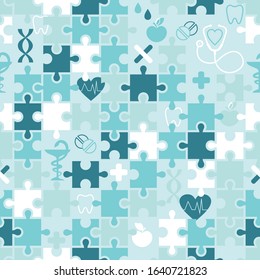 Seamless pattern with a picture of puzzles with medical infographics