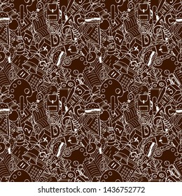 seamless pattern with a picture of school supplies, a linear drawing