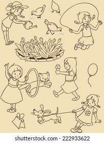 Seamless pattern or picture set of small girls playing in the yard with cats and dogs, watering flowers, jumping and eating ice cream