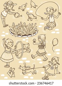 Seamless pattern or picture set of small girls playing in the yard with cats and dogs, watering flowers, jumping and eating ice cream