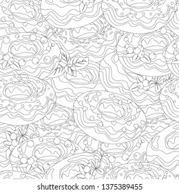 seamless pattern with a picture of sweet donuts in black and white, coloring antistress