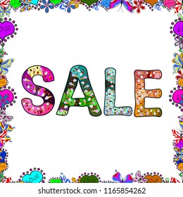 Seamless pattern. Picture in white, blue and black colors. Summer sale banner with background, exotic design for banner, flyer, invitation, poster, web site or greeting card. Vector illustration.