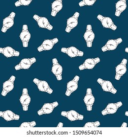 Seamless pattern with picture of wristwatch. Accessories on dark blue background. Background for use in design, packing, textile, fabric