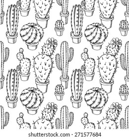 Seamless pattern with pictures of cacti. Vector black and white illustration.