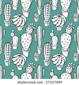 Seamless pattern with pictures of cacti. Vector illustration.