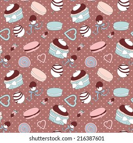 seamless pattern with pictures of desserts and sweets in beige and blue colors