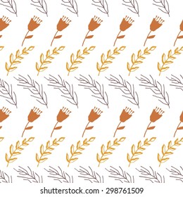 Seamless pattern with pictures of flowers and leaves. Rough outline. Rock carvings. sienna color. Vector graphics.