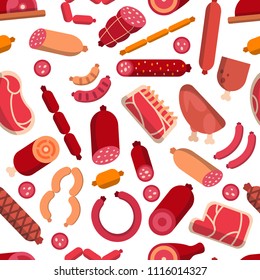 Seamless pattern with pictures of meat products. Pictures for butcher shop. Vector sausage and wurst, food pork natural illustration