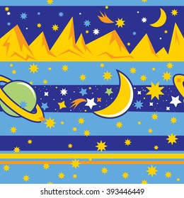 Seamless pattern with pictures of space scenery, stars and planets.