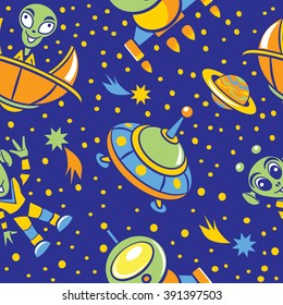Seamless pattern with pictures of spaceships, aliens, stars and planets