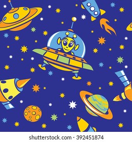 Seamless pattern with pictures of spaceships, aliens, stars and planets