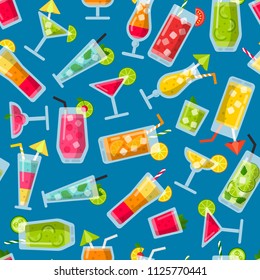 Seamless pattern with pictures of summer cocktails. Summer cocktail drink background, vector illustration