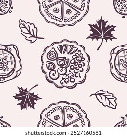 Seamless pattern of pie, antipasti platter, baked Camembert and autumn leaves on a beige background. Hand-drawn black line art. Cozy fall season.