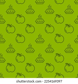 Seamless pattern with pie and apple icons on green background