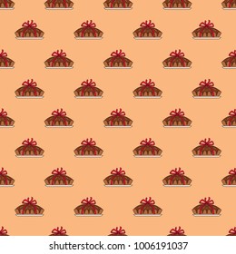 Seamless pattern pie with red ribbon in orange background.