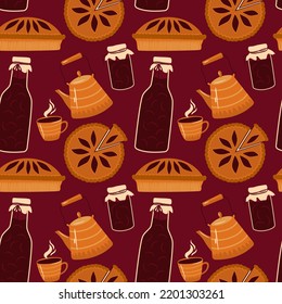 seamless pattern pie, tea and jam