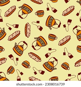 Patrón sin foco con tarta, tetera, taza y bolso de té. Higge en forma de doodle, sobre un fondo claro