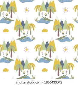 Seamless pattern with a piece of Africa. Mountains, palm trees, crocodile. Cartoon bright vector illustration. Great for bedding design, children's room, greeting cards, covers, scrapbooking