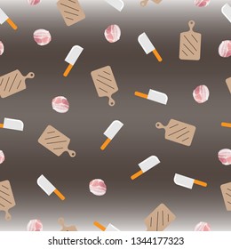 Seamless pattern of piece of bacon, chopper and butcher, brown background for paper print, textile fabric business. Food business. Vector design.
