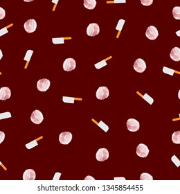 Seamless pattern of piece of bacon and chopper, red background for paper print, textile fabric business. Food business. Vector design.