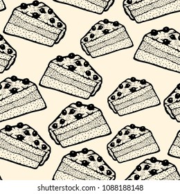 Seamless pattern piece of cake. Appetizing dessert on light background. Brown colors for stylish design of wall-paper, textiles and any other press. Hand drawn vector stock illustration.
