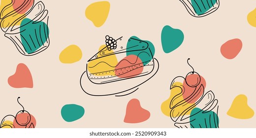 Сolorful seamless pattern Piece of cake with blackberry and Cupcake with cherry in line art style. Hand drawn, not AI vector illustration in green, red, yellow and beige colors for textile, wrapping