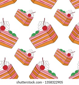Seamless pattern of Piece of cake with cherry and whipped cream on white background. Vector