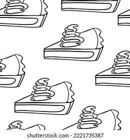 Seamless pattern Piece of cake with cream in doodle style on transparent background. Vector illustration