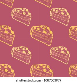 Seamless pattern piece of cake. Gentle Dessert on a pink background. Colorful hand drawn vector stock illustration.