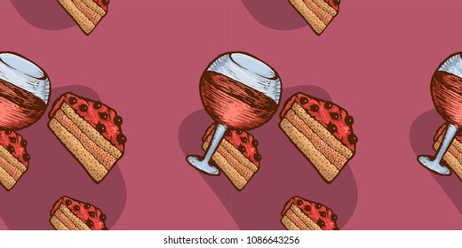 Seamless pattern a piece of Cake and the Glass with Win. An appetizing Dessert, the Romantic dinner on a pink background. Colorful hand drawn vector stock illustration.