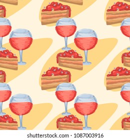 Seamless pattern a piece of Cake and the Glass with Win. An appetizing Dessert, the Romantic dinner. Colorful hand drawn vector stock illustration.