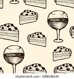 Seamless pattern piece of cake and glass with wine. Brown colors for stylish design of wall-paper, textiles and any other press. Hand drawn vector stock illustration.