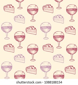 Seamless pattern piece of cake and glass with wine.  Appetizing dessert on light background. For stylish design of wall-paper, textiles and any other press. Hand drawn vector stock illustration.