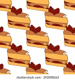 Seamless pattern: a piece of cake with strawberries and nuts
