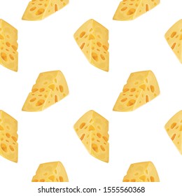 Seamless pattern with a piece of cheese with holes on a white background. Wallpaper, print, packaging, paper, textile design. Vector illustration.
