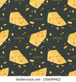 Seamless pattern with a piece of cheese with holes. Yellow cheese. Wallpaper, print, packaging, paper, textile design. Vector illustration.