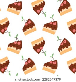 Nahtloses Muster mit einem Stück Schokoladenkuchen. Kuchen drucken. Vektorgrafik. Flacher Stil.