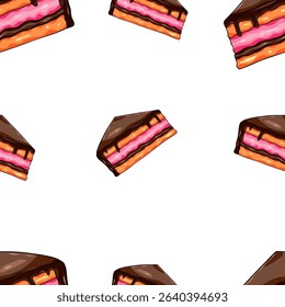 Seamless pattern with a piece of chocolate cake with bright pink berry filling, chocolate topping. Vector illustration of holiday food. Wrapping paper, packaging.