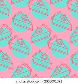 Seamless pattern of a piece of cream cake, pink rose color. Pattern for design of fabric and wrapping paper