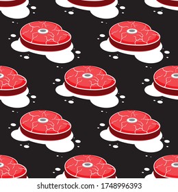 seamless pattern a piece of cut meat with a bone on a black background. Vector image eps 10