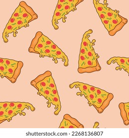 patrón sin costuras con un trozo de pizza. patrón de dibujos animados brillantes con pizza. ilustración vectorial de la pizza con salchicha y queso