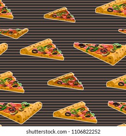 Seamless Pattern Piece of Pizza in style 3d. Colorful hand drawn vector stock illustration.