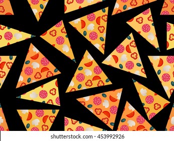 Seamless pattern with a piece of pizza. The pattern for wallpaper, bed linen, tiles, fabrics, backgrounds. Vector illustration.