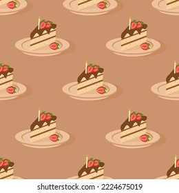 Seamless pattern with a piece of sponge cake with chocolate icing, candle and strawberry slices. Wallpaper and fabric print.